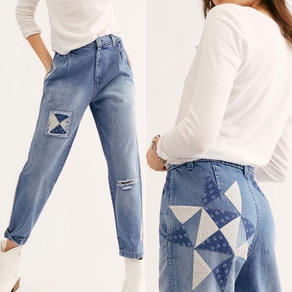 Free People Jeans 27 We The Free Down To Earth Patched Light Wash Distressed